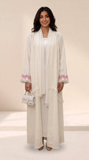 The Mariam Linen Blend Abaya with Bow Embroidered Cuff Detail