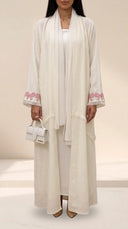 The Mariam Linen Blend Abaya with Bow Embroidered Cuff Detail