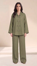 The Zakiya Pearl Frog Fastening Set, in Sage, front view