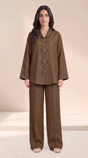 The Zakiya Pearl Frog Fastening Set, in Mocha Brown, front view