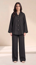 The Zakiya Pearl Frog Fastening Set, in Black, front view