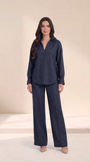 The Dalal Piped Side-Tie Hem Set, in Navy, front view