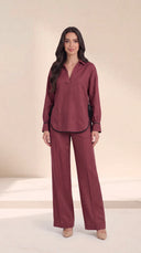 The Dalal Piped Side-Tie Hem Set, in Burgundy, front view