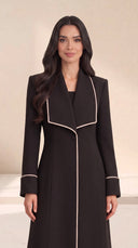The Nuha Piped Wide Lapel Abaya, in Black, front view