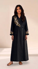The Hajar Floral Embroidered Linen Blend Wrap Abaya