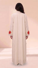 The Noura Linen Blend Abaya with Flame Tree Embroidered Cuff Detail