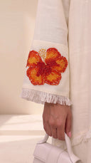 The Noura Linen Blend Abaya with Flame Tree Embroidered Cuff Detail