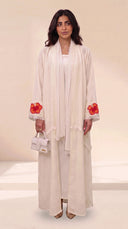 The Noura Linen Blend Abaya with Flame Tree Embroidered Cuff Detail