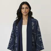 Navy Floral Embroidered Cotton Satin Abaya