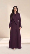 The Buthaina Wide Shawl Collar Abaya, in Dark Purple, front view