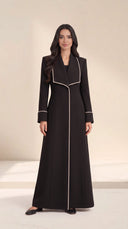 The Nuha Piped Wide Lapel Abaya, in Black, front view