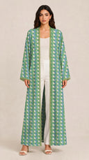 The Dareen Geometric Print Open Abaya with Lace Trim