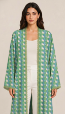 The Dareen Geometric Print Open Abaya with Lace Trim