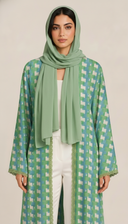 The Dareen Geometric Print Open Abaya with Lace Trim