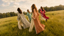 models running through field in colorful abayas