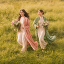 Two women running through tall grass holding flower bouquets, wearing coral striped and green geometric abayas over cream sets