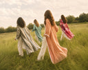 Four women seen from behind walking through a grassy field at sunset, each wearing a long flowing maxi dress in different colors including silver, mint green, peach, and pink.