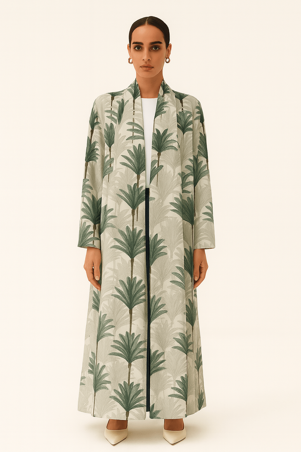Ivory & Green Palm Print Mang Silk Abaya - TAL by The Abaya Lab