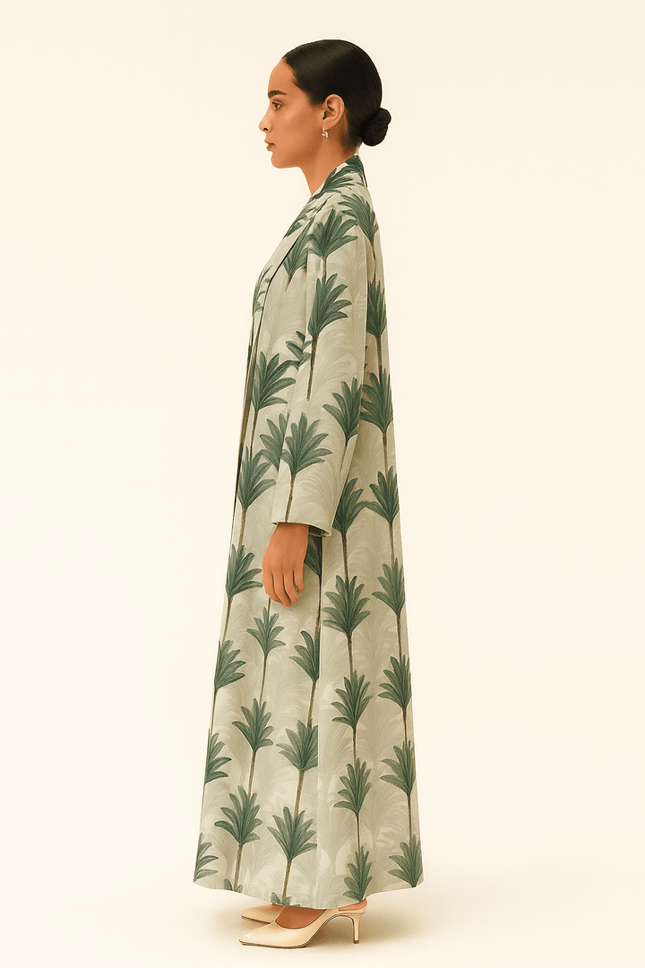Ivory & Green Palm Print Mang Silk Abaya - TAL by The Abaya Lab