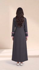 The Hadiya Ruffled Bow Cuff Abaya, in Grey, back view