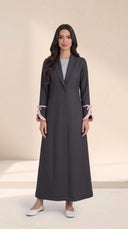 The Hadiya Ruffled Bow Cuff Abaya, in Grey, front view