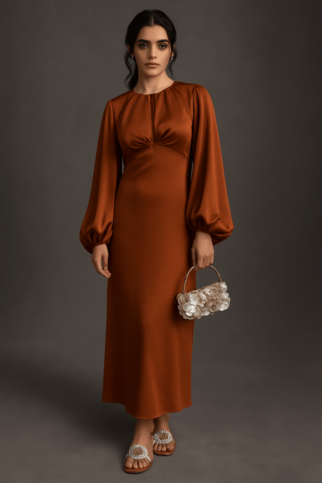 The Sonia Burnt Orange Satin Modest Dress TAL by The Abaya Lab The Sonia Burnt Orange Satin Modest Dress TAL by The Abaya Lab