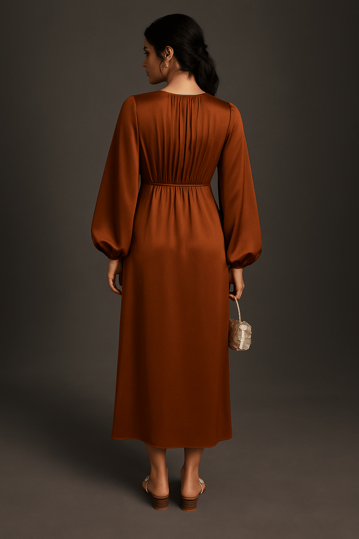 Layali Burnt Orange Satin Modest Dress - The Abaya Lab