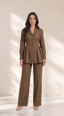 The Ruqaya Pleated Peplum Set, in Mocha Brown, front view