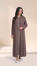 The Nashwa Scalloped Front Edge Abaya, in Mocha Brown, model view