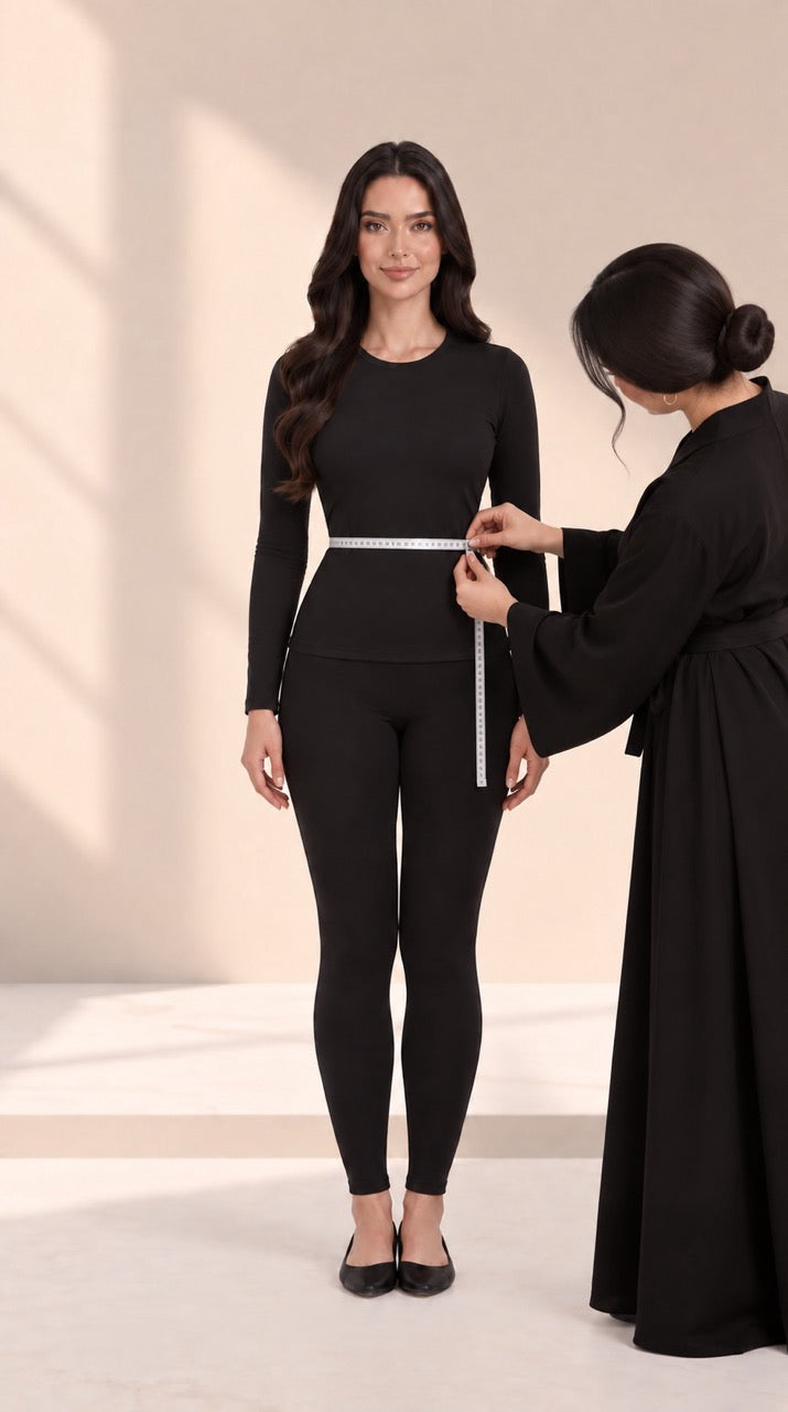 Measuring the natural waist over fitted clothing, with a helper