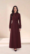 The Areen Asymmetric Lapel Wrap Abaya, in Burgundy, front view
