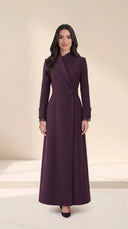 The Areen Asymmetric Lapel Wrap Abaya, in Dark Purple, front view