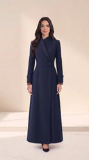 The Areen Asymmetric Lapel Wrap Abaya, in Navy, front view