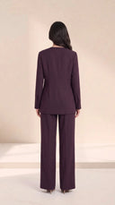 The Balqees Covered Button Front Set, in Dark Purple, back view