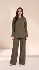 The Balqees Covered Button Front Set, in Green, front view