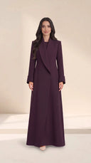 The Buthaina Wide Shawl Collar Abaya, in Dark Purple, front view