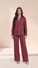 The Dalal Piped Side-Tie Hem Set, in Burgundy, front view