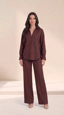 The Dalal Piped Side-Tie Hem Set, in Brown, front view