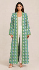 The Dareen Geometric Print Open Abaya with Lace Trim - TAL by The Abaya Lab