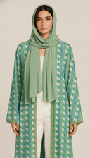 The Dareen Geometric Print Open Abaya with Lace Trim - TAL by The Abaya Lab