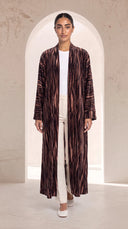 The Doha Brown Banded Open Front Abaya, in Brown, front view