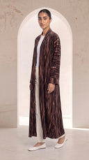 The Doha Brown Banded Open Front Abaya, in Brown, side view