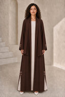 The Fadwa Pearl Bow Slit Abaya, in Mocha Brown, front view