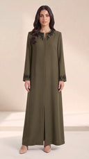 The Fareeda Beaded Branch Neckline Abaya, in Green, front view