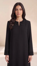The Fareeda Beaded Branch Neckline Abaya, in Black, front view