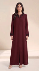 The Fareeda Beaded Branch Neckline Abaya, in Burgundy, front view
