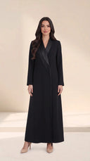 The Fatin Fringed Shawl Lapel Abaya, in Black, front view