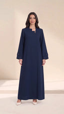 The Ghalia Asymmetric Step Neck Abaya, in Navy, front view