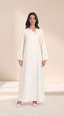 The Ghalia Asymmetric Step Neck Abaya, in Off White, front view
