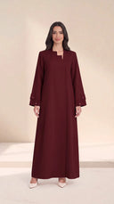 The Ghalia Asymmetric Step Neck Abaya, in Burgundy, front view